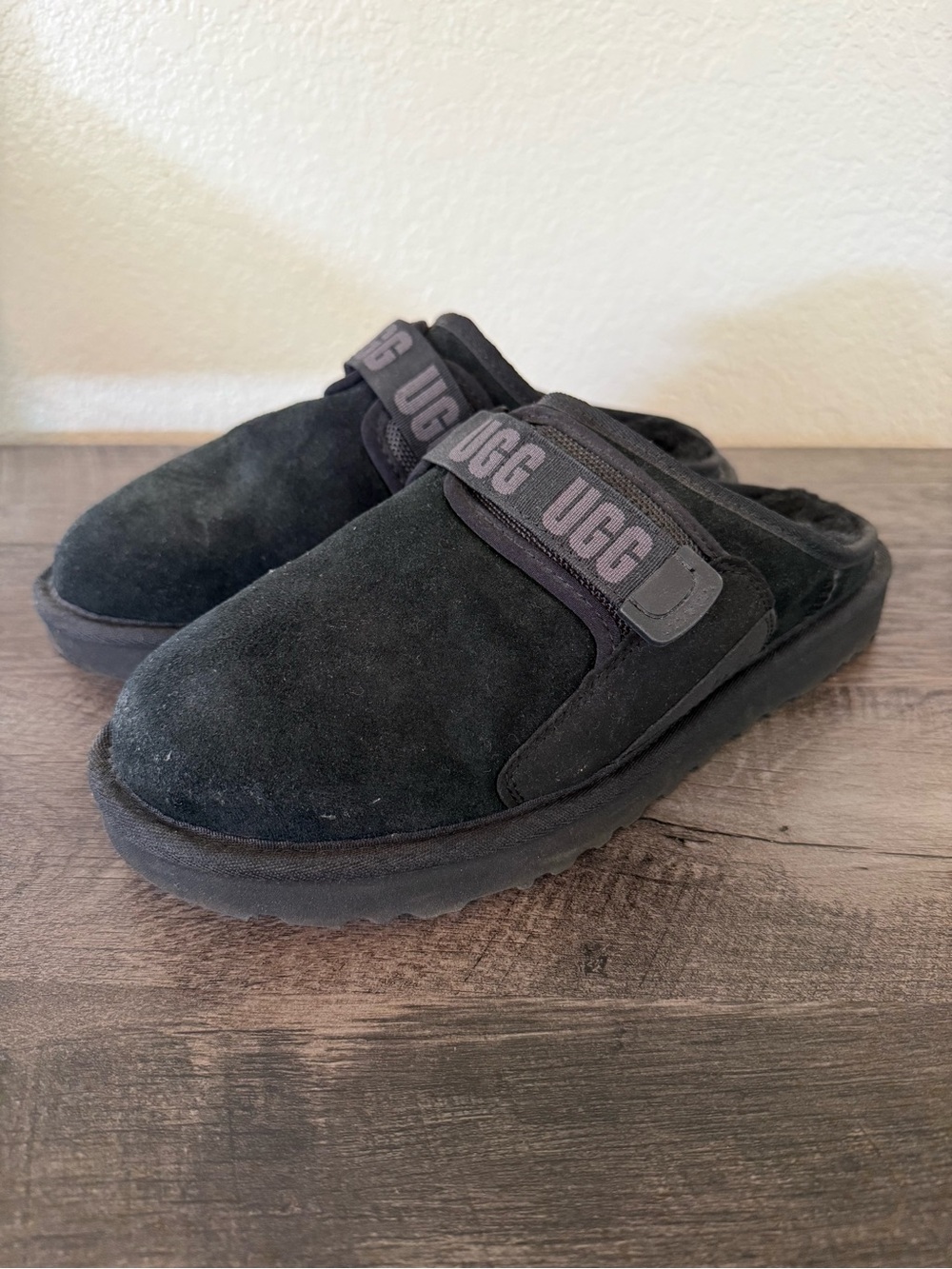 UGG Men Black Suede Backless Clog with Branded Strap